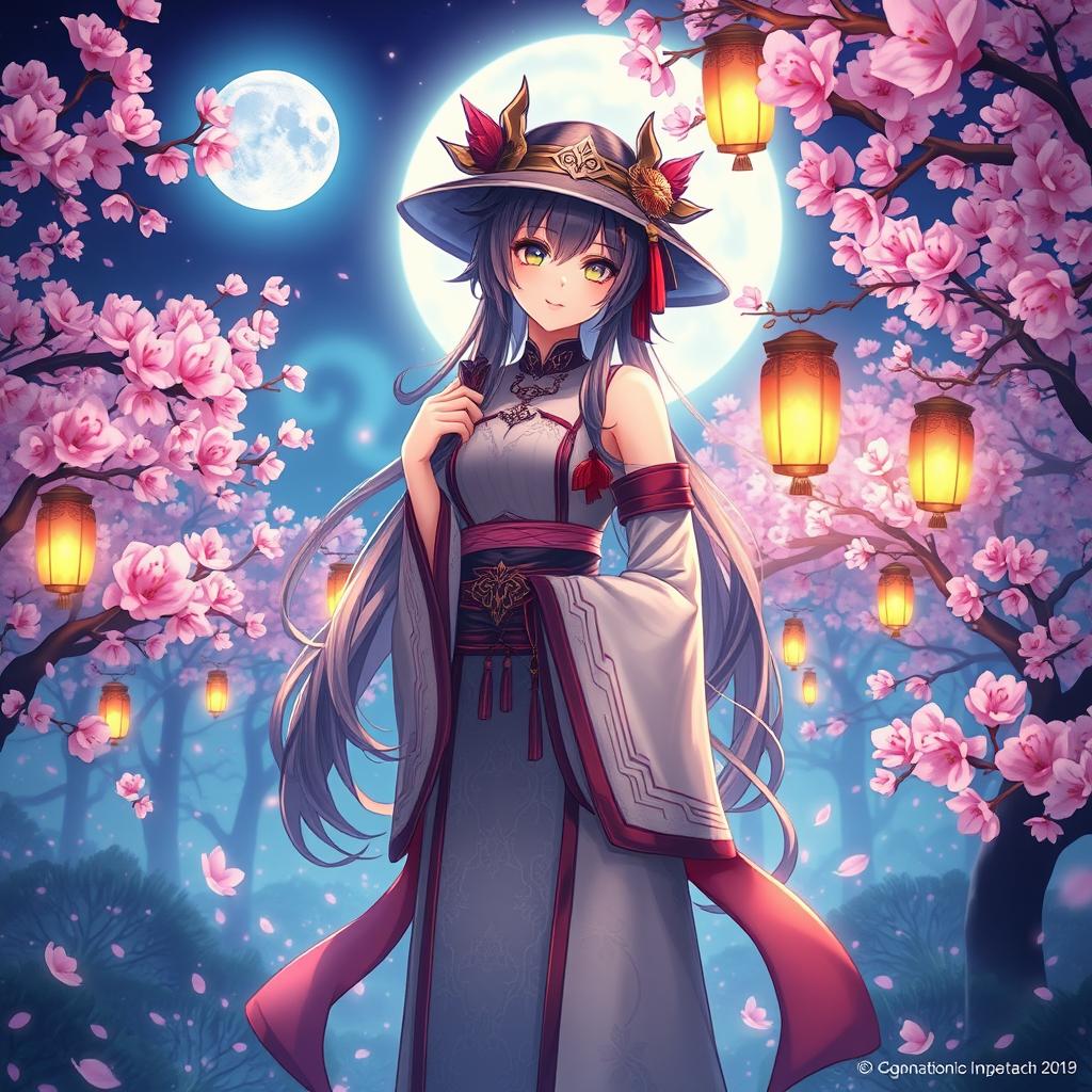 A beautiful digital artwork of Hu Tao, the character from Genshin Impact, standing in a mystical landscape filled with cherry blossoms