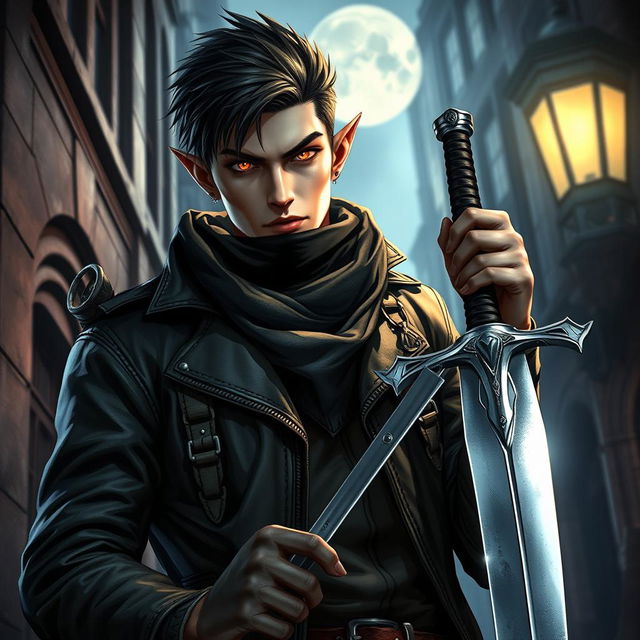 A male dhampir vampire hunter, featuring an intriguing blend of human and vampire traits