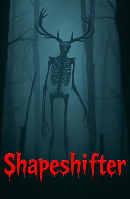 A tall, bony shadow creature with a deer skull for a head, lurking in a dark, eerie forest