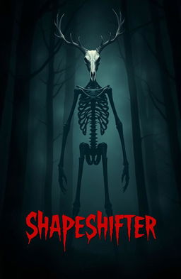 A tall, bony shadow creature with a deer skull for a head, lurking in a dark, eerie forest