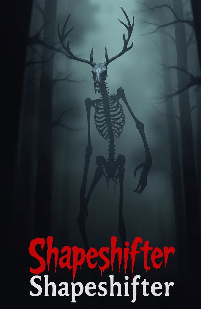 A tall, bony shadow creature with a deer skull for a head, lurking in a dark, eerie forest