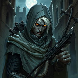 A male drow vampire hunter, characterized by his dark skin and striking white hair, is depicted in a perilous urban setting