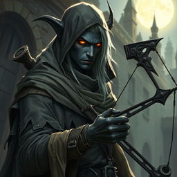 A male drow vampire hunter, characterized by his dark skin and striking white hair, is depicted in a perilous urban setting
