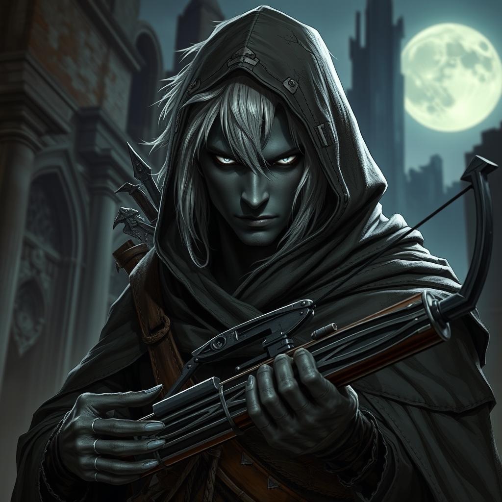 A male drow vampire hunter, characterized by his dark skin and striking white hair, is depicted in a perilous urban setting