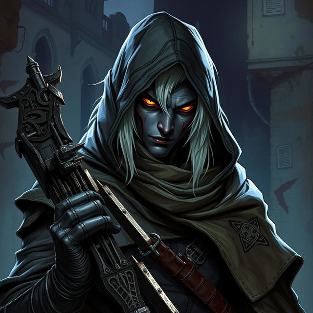 A male drow vampire hunter, characterized by his dark skin and striking white hair, is depicted in a perilous urban setting