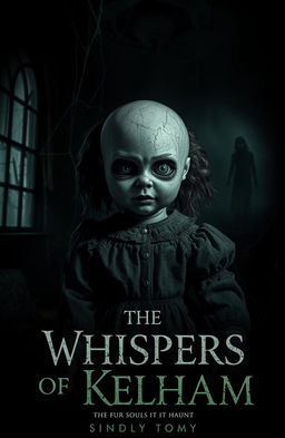 A chilling scene from a horror movie titled 'The Whispers of Kelham', featuring an ominous old doll named Kelham