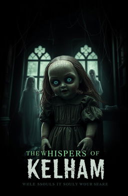 A chilling scene from a horror movie titled 'The Whispers of Kelham', featuring an ominous old doll named Kelham