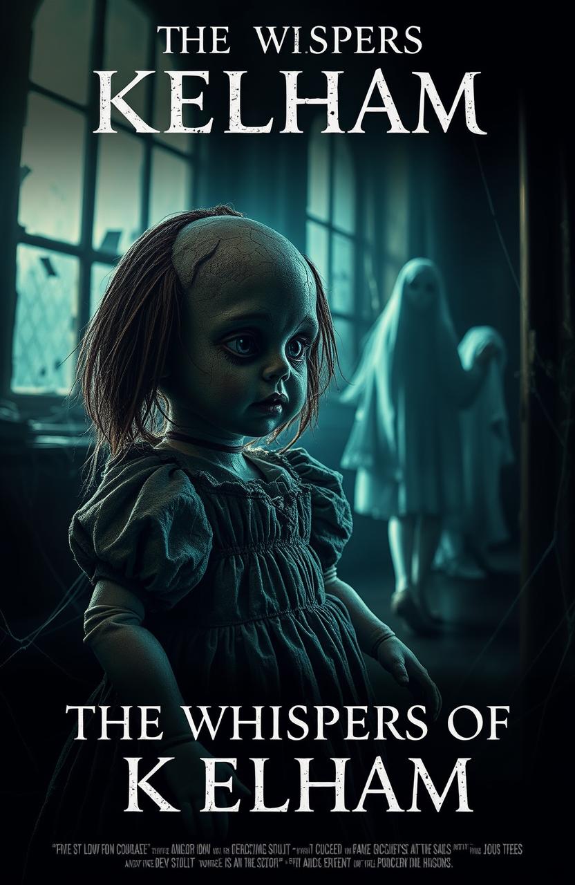 A chilling scene from a horror movie titled 'The Whispers of Kelham', featuring an ominous old doll named Kelham