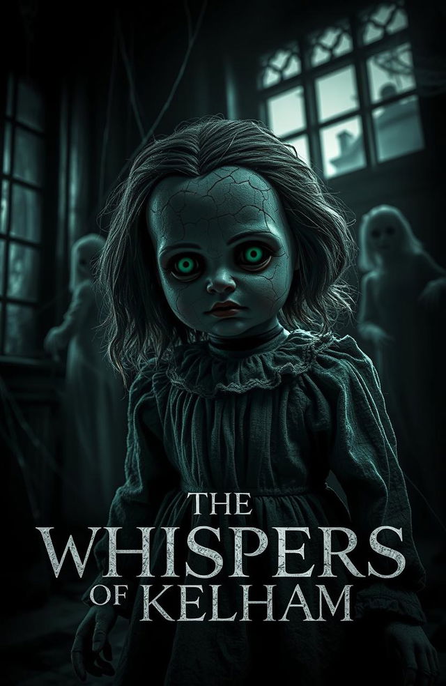 A chilling scene from a horror movie titled 'The Whispers of Kelham', featuring an ominous old doll named Kelham