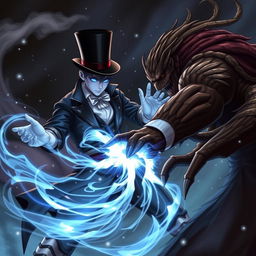 A psionic character with striking blue illuminated eyes, dressed in an elegant classic stage magician outfit, is depicted mid-attack using mind powers against a formidable jeti