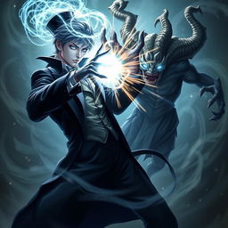 A psionic character with striking blue illuminated eyes, dressed in an elegant classic stage magician outfit, is depicted mid-attack using mind powers against a formidable jeti