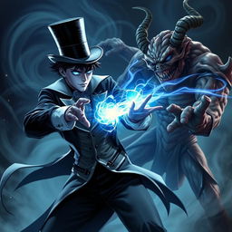 A psionic character with striking blue illuminated eyes, dressed in an elegant classic stage magician outfit, is depicted mid-attack using mind powers against a formidable jeti