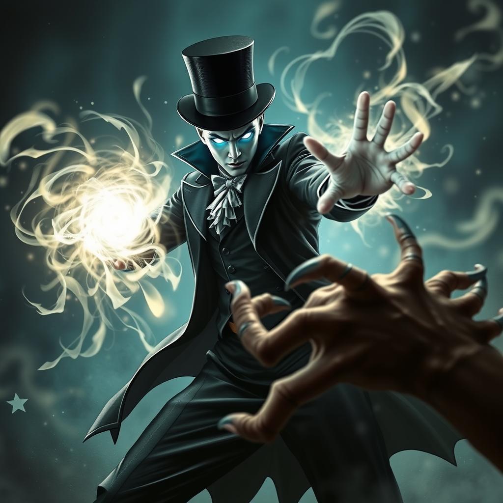 A psionic character with striking blue illuminated eyes, dressed in an elegant classic stage magician outfit, is depicted mid-attack using mind powers against a formidable jeti