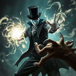 A psionic character with striking blue illuminated eyes, dressed in an elegant classic stage magician outfit, is depicted mid-attack using mind powers against a formidable jeti