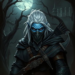 A male drow vampire hunter stands poised in a dark, atmospheric environment, characterized by his deep indigo skin and striking silvery-white hair