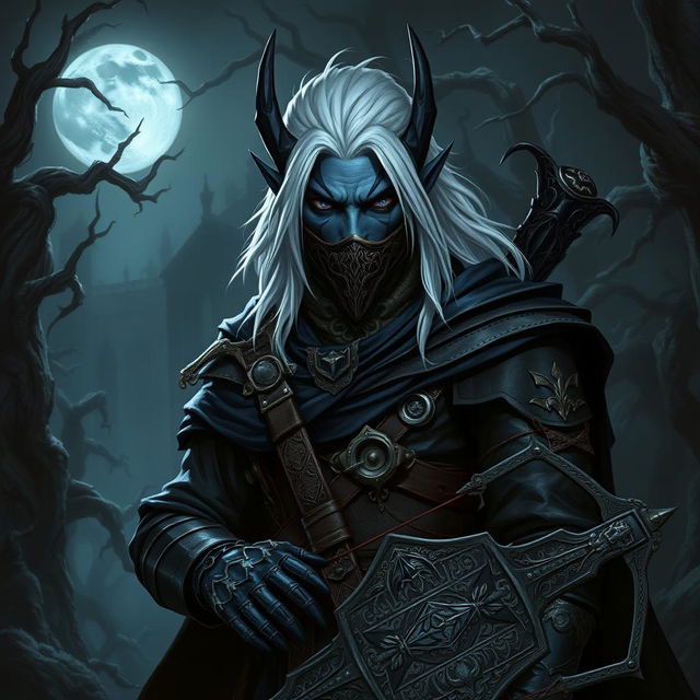 A male drow vampire hunter stands poised in a dark, atmospheric environment, characterized by his deep indigo skin and striking silvery-white hair