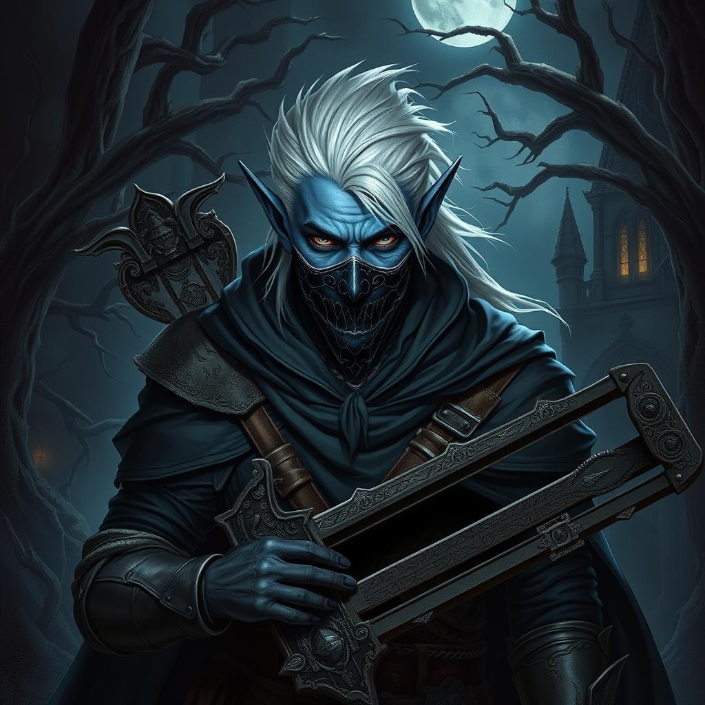 A male drow vampire hunter stands poised in a dark, atmospheric environment, characterized by his deep indigo skin and striking silvery-white hair