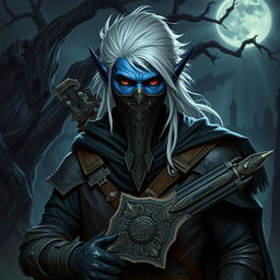 A male drow vampire hunter stands poised in a dark, atmospheric environment, characterized by his deep indigo skin and striking silvery-white hair
