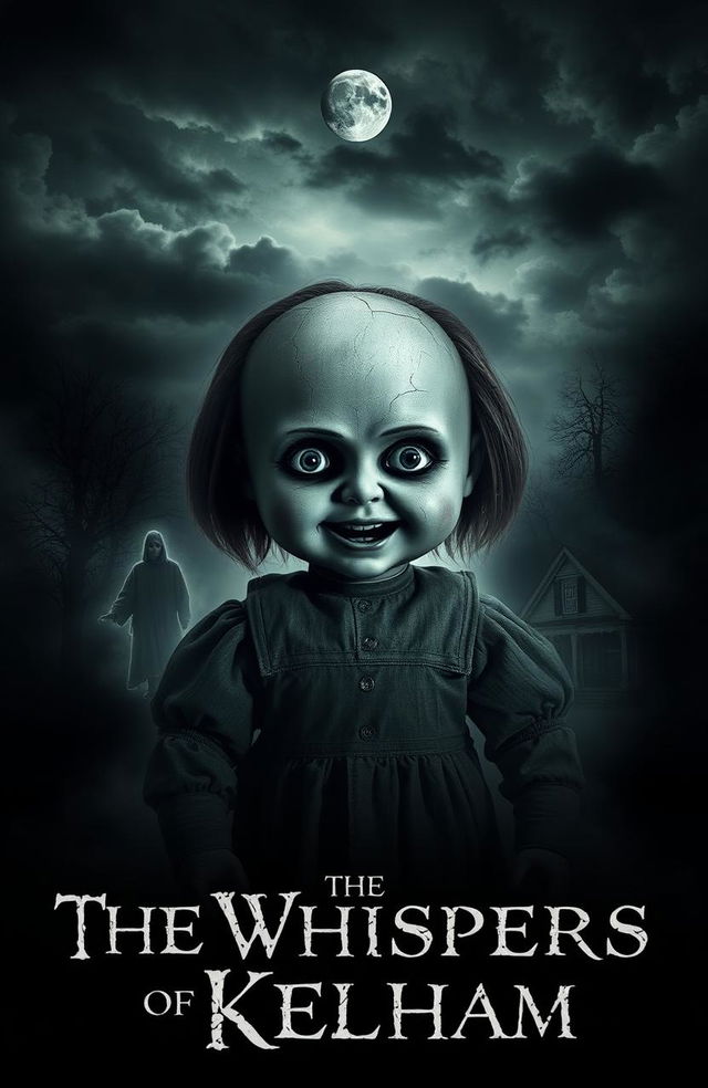 A chilling movie poster for a horror film titled 'The Whispers of Kelham', featuring an eerie old doll named Kelham at the center