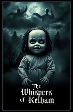 A chilling movie poster for a horror film titled 'The Whispers of Kelham', featuring an eerie old doll named Kelham at the center
