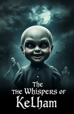 A chilling movie poster for a horror film titled 'The Whispers of Kelham', featuring an eerie old doll named Kelham at the center