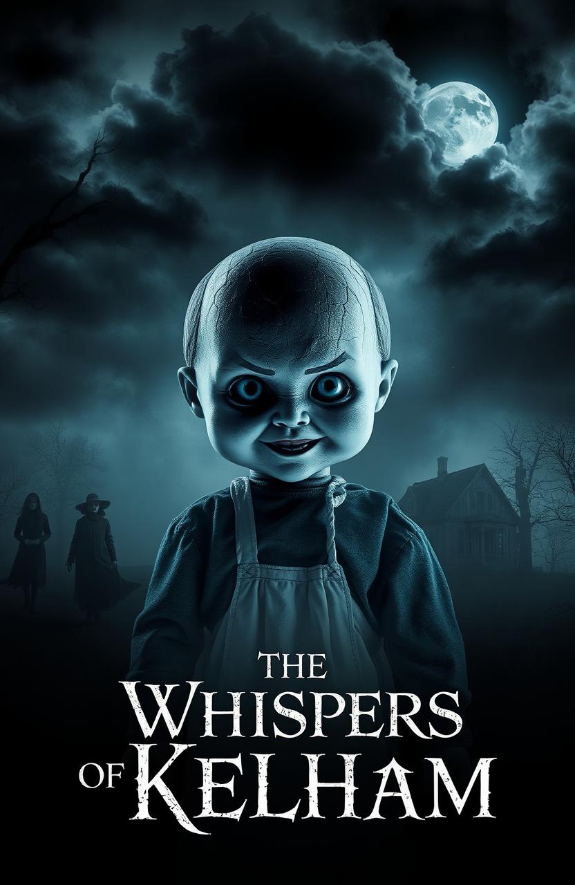 A chilling movie poster for a horror film titled 'The Whispers of Kelham', featuring an eerie old doll named Kelham at the center