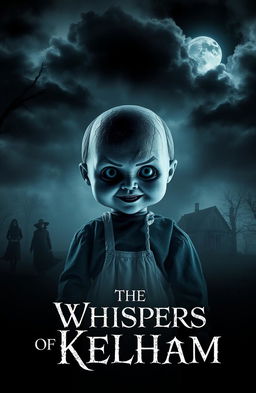 A chilling movie poster for a horror film titled 'The Whispers of Kelham', featuring an eerie old doll named Kelham at the center