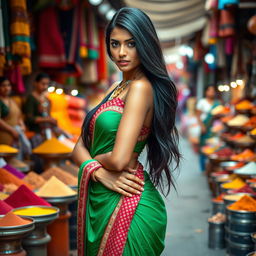 A sexy, tall Indian woman with prominent features, wearing a brightly colored traditional outfit that accentuates her body