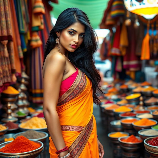 A sexy, tall Indian woman with prominent features, wearing a brightly colored traditional outfit that accentuates her body