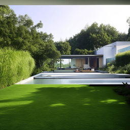 Design a modern and spacious home with bright light-filled interiors, stylish furniture and lush green landscape around