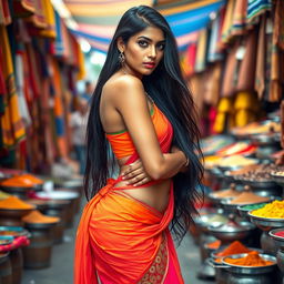 A sexy, tall Indian woman with prominent features, wearing a brightly colored traditional outfit that accentuates her body