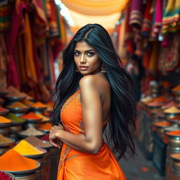 A sexy, tall Indian woman with prominent features, wearing a brightly colored traditional outfit that accentuates her body