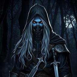 A male drow vampire hunter stands confidently in a shadowy forest, showcasing his deep indigo skin and long silvery-white hair flowing from beneath a dark hood