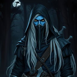 A male drow vampire hunter stands confidently in a shadowy forest, showcasing his deep indigo skin and long silvery-white hair flowing from beneath a dark hood