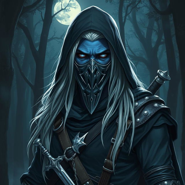 A male drow vampire hunter stands confidently in a shadowy forest, showcasing his deep indigo skin and long silvery-white hair flowing from beneath a dark hood