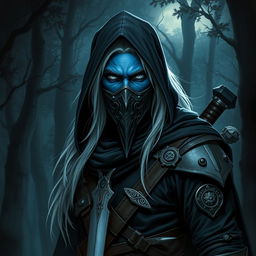 A male drow vampire hunter stands confidently in a shadowy forest, showcasing his deep indigo skin and long silvery-white hair flowing from beneath a dark hood