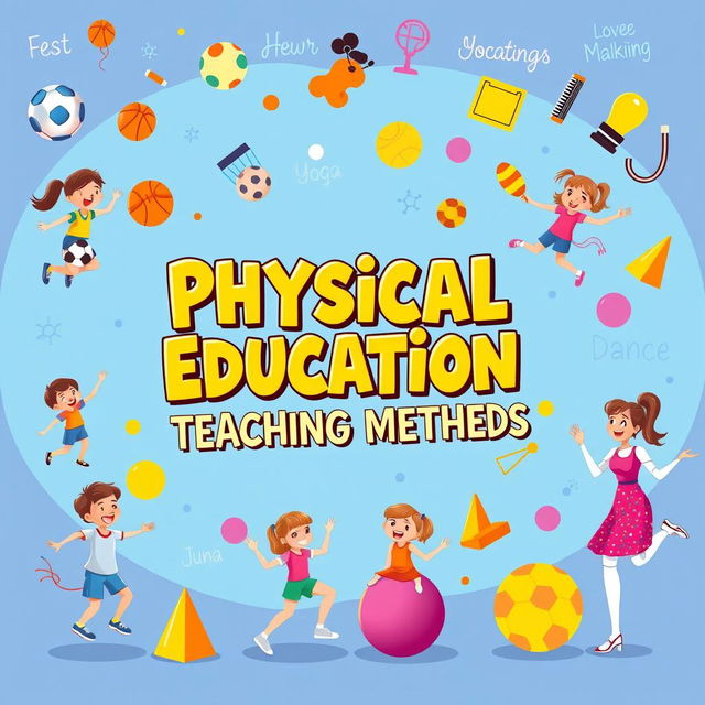 A colorful and engaging cover page design featuring cartoon illustrations related to physical education teaching methods