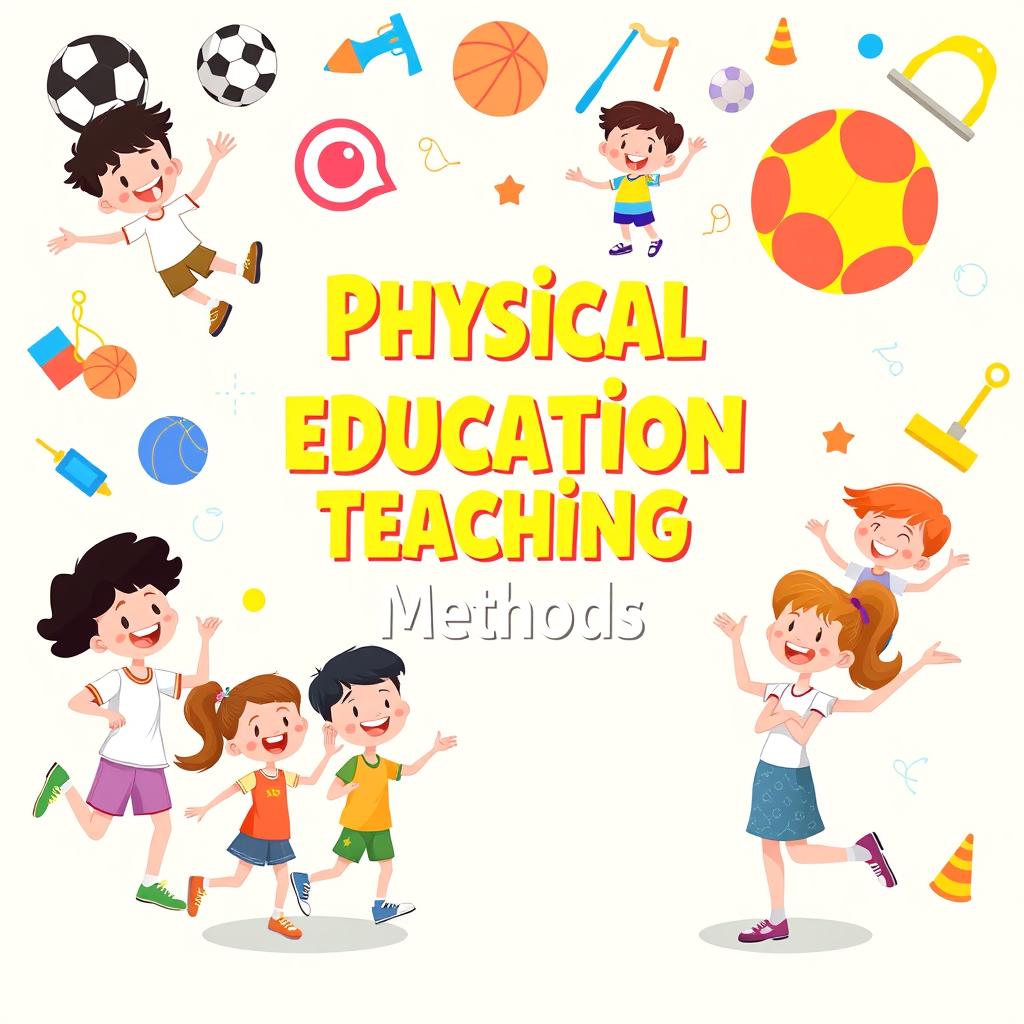 A colorful and engaging cover page design featuring cartoon illustrations related to physical education teaching methods