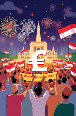 A vibrant illustration of the Indonesian economy celebrating the strengthening of the Rupiah currency after the presidential inauguration in 2024