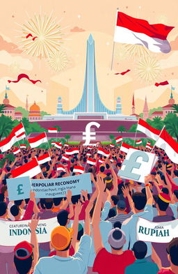 A vibrant illustration of the Indonesian economy celebrating the strengthening of the Rupiah currency after the presidential inauguration in 2024