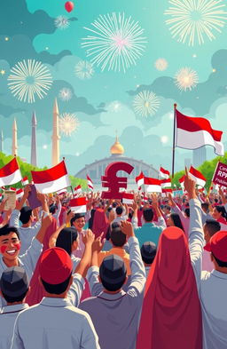 A vibrant illustration of the Indonesian economy celebrating the strengthening of the Rupiah currency after the presidential inauguration in 2024