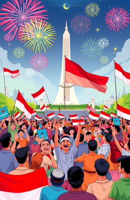 A vibrant illustration of the Indonesian economy celebrating the strengthening of the Rupiah currency after the presidential inauguration in 2024