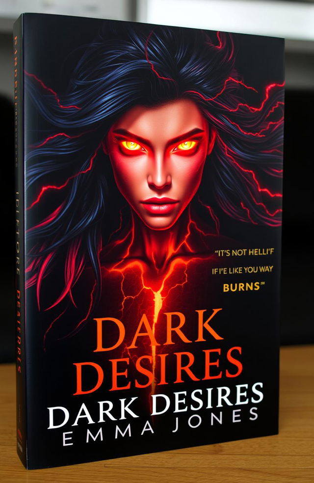 A stunning book cover for 'Dark Desires' by Emma Jones, featuring a powerful figure with glowing, intense eyes and flowing dark hair infused with fiery red and orange hues