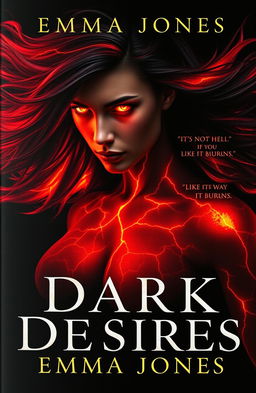 A stunning book cover for 'Dark Desires' by Emma Jones, featuring a powerful figure with glowing, intense eyes and flowing dark hair infused with fiery red and orange hues