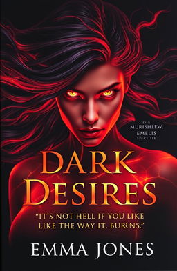 A stunning book cover for 'Dark Desires' by Emma Jones, featuring a powerful figure with glowing, intense eyes and flowing dark hair infused with fiery red and orange hues