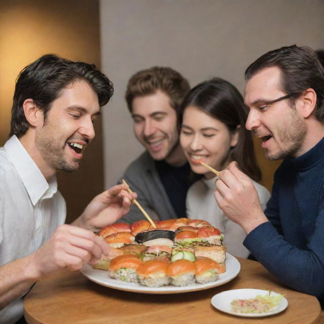 Homosapiens enjoying sushi that is creatively placed in a burger