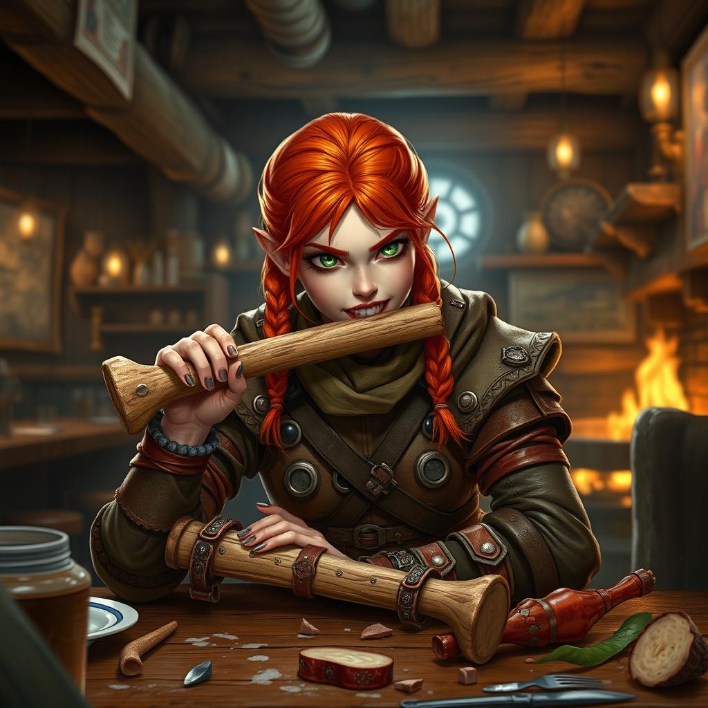 A fierce female redhead halfling fighter is depicted with a spirited expression as she casually chews on a rugged bone