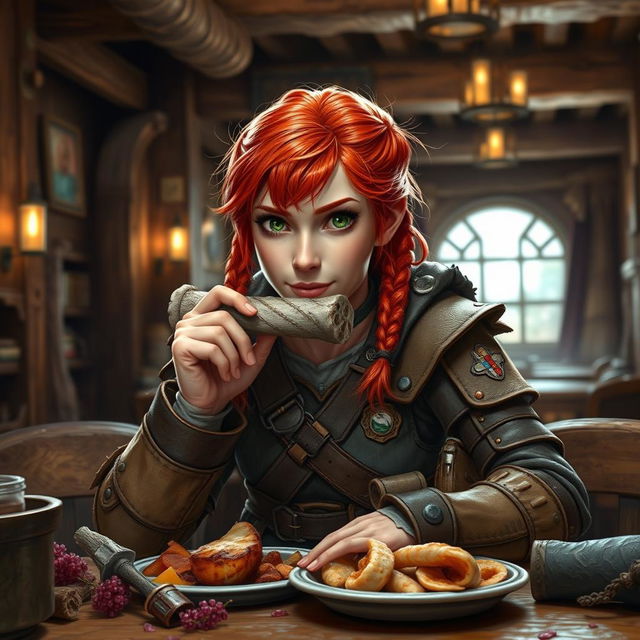 A fierce female redhead halfling fighter is depicted with a spirited expression as she casually chews on a rugged bone