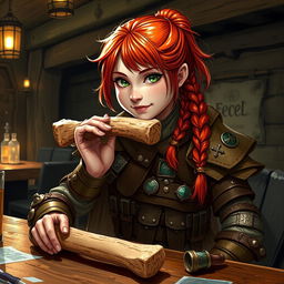 A fierce female redhead halfling fighter is depicted with a spirited expression as she casually chews on a rugged bone