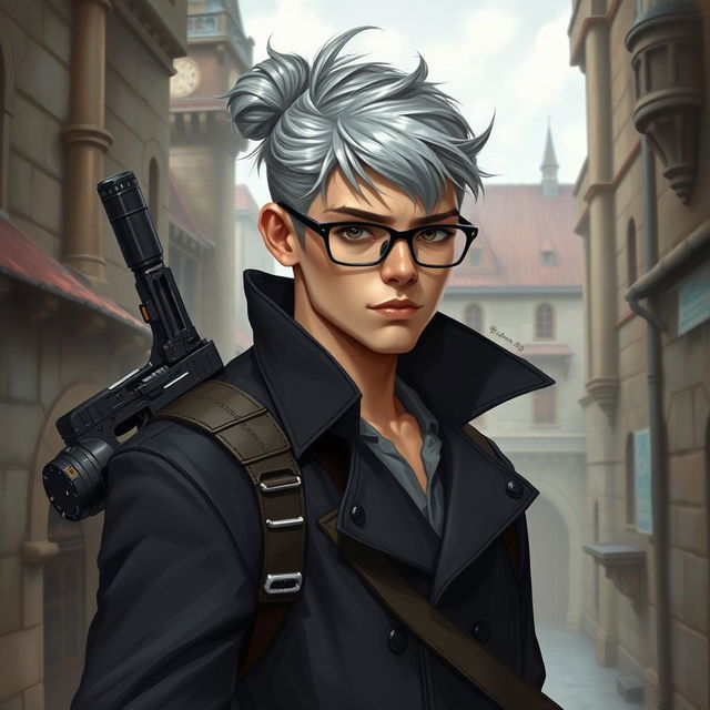 A D&D style portrait of a young man with grey hair styled in a bun, wearing stylish glasses